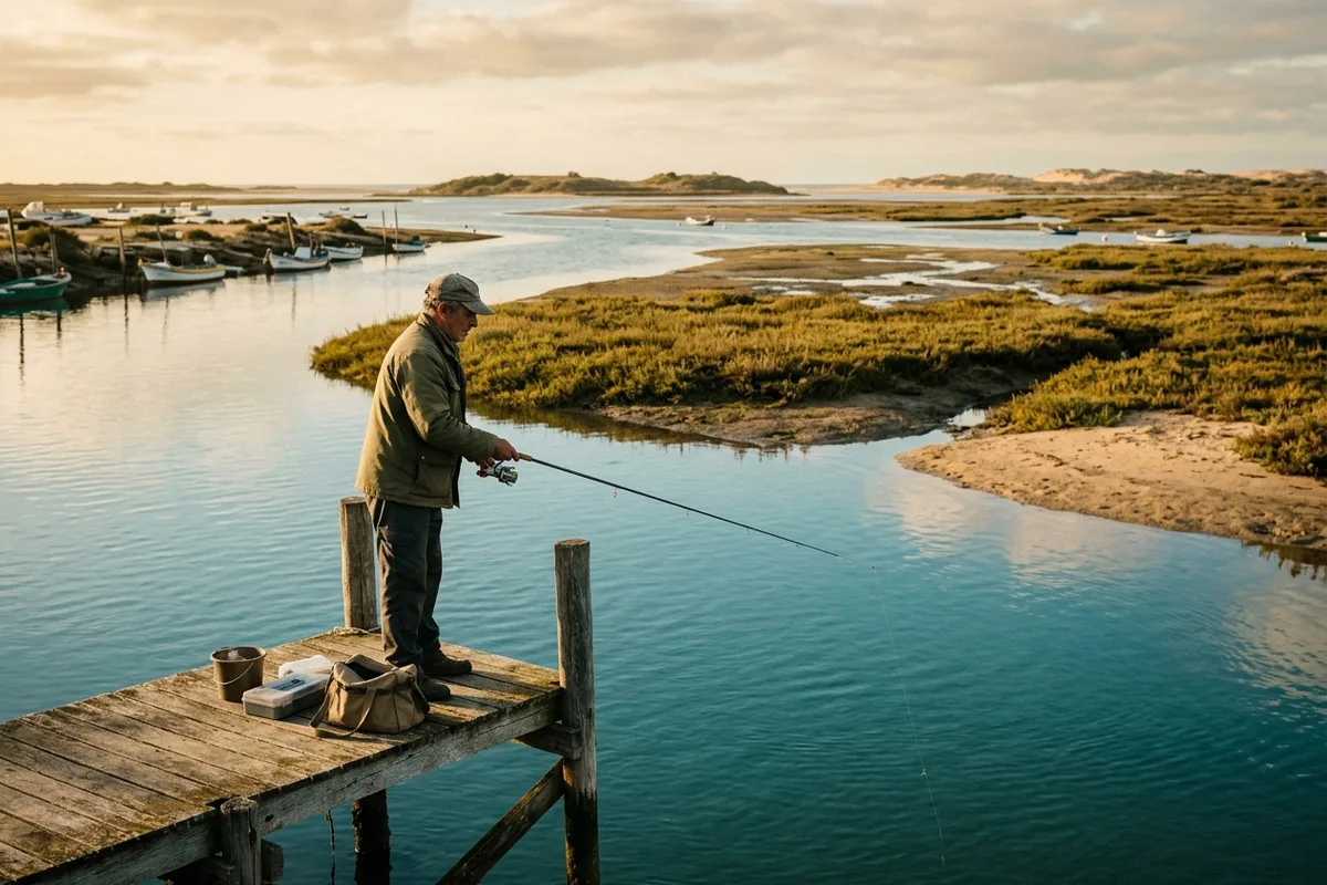 Canais e bancos de vasa da Ria Formosa com sapal e embarcações tradicionais