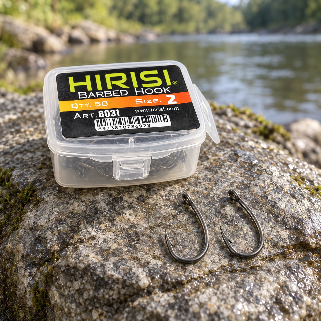 Hirisi Tackle Anzóis PTFE 50 — Sortido de 50 anzóis · tamanhos 1, 2, 4, 6 e 8 · aço inox com revestimento PTFE · fotografia do produto (Amazon.es)